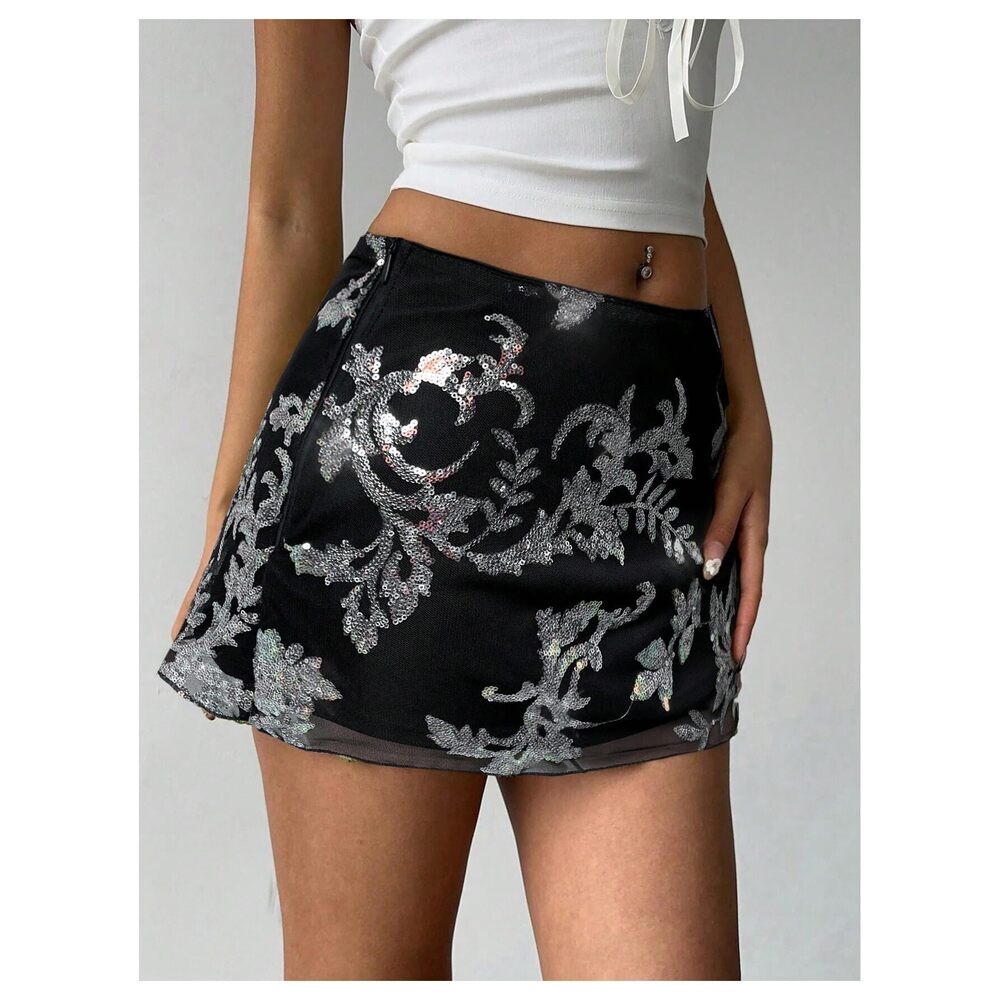 9075 Sequin Skirt Summer Floral Mesh Glitter Sparkly Mini Skirt Black Small - Picture 5 of 6